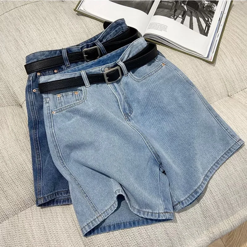

Women's High Waisted Denim Shorts with Belt, Casual Loose-Fit Jean Shorts, Summer Straight Leg Pants with Pockets