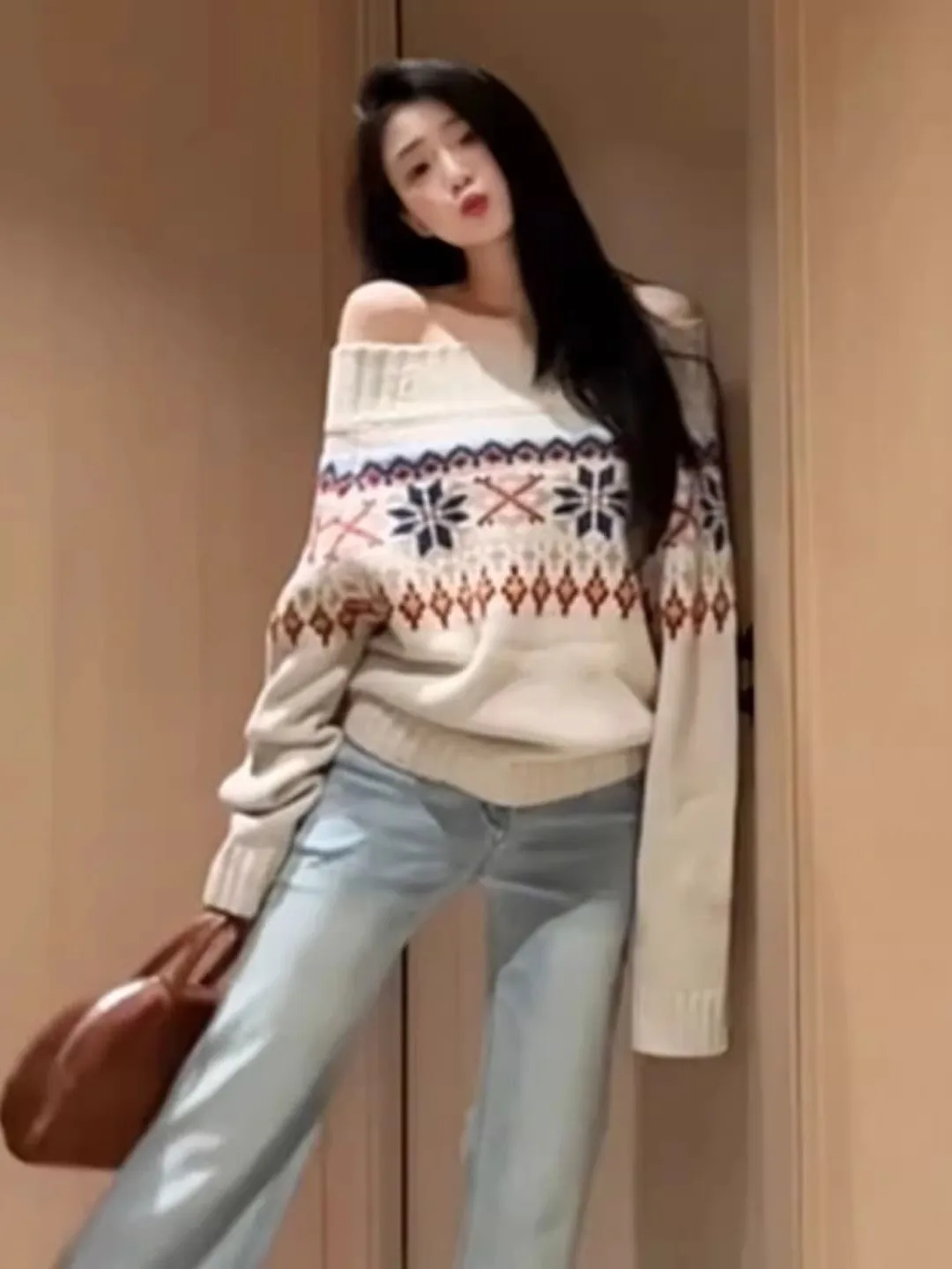 Sweter damski w stylu retro Fair Isle, luźny, długi, z jednym ramieniem, idealny na jesień i zimę, wygodny, wyszczuplający.