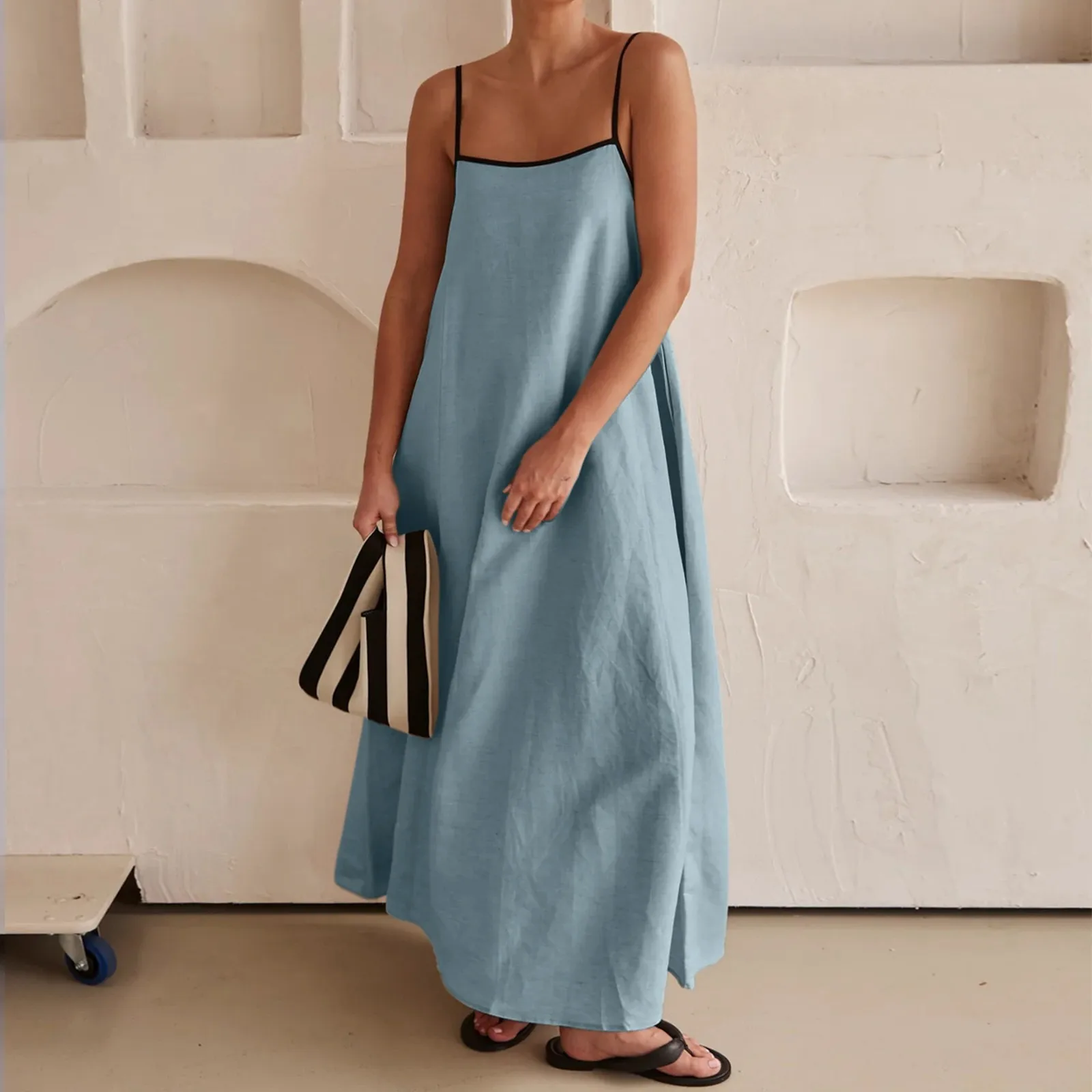 

Women's Casual Maxi Dress Fashion Contrast Trim Spaghetti Straps Big Swing Dresses 2024 Summer New Sleeveless Long Skirts