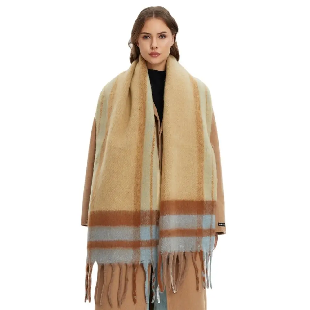 Retro Mohair Plaid Wool Scarf Plush Thick Winter Cashmere Scarves Long Preppy Rainbow Tassel Shawl Girl