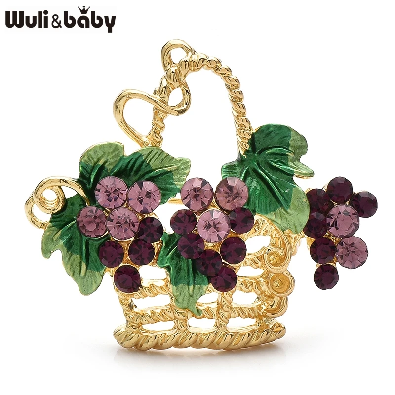 Wuli&baby Lovely Grapes Basket Brooches For Women Lady Rhinestone Fruits Flowers Basket New Year Party Office Brooch Pins Gifts