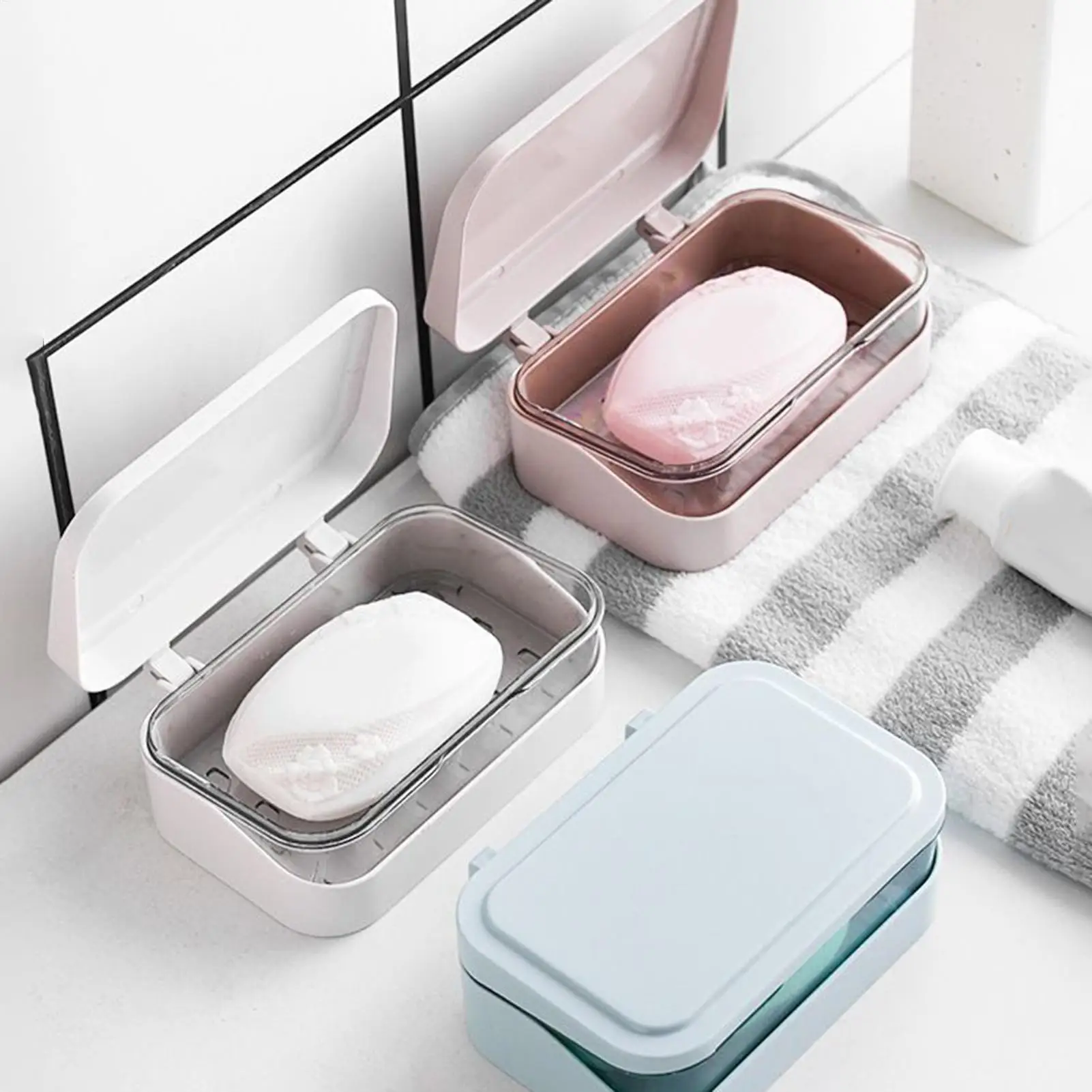 Dustproof Soap Dish with Lid, Self-Draining Tray Soap Holder, Leak-Proof Container for Kitchen Shower Bathroom Sink Bathtub