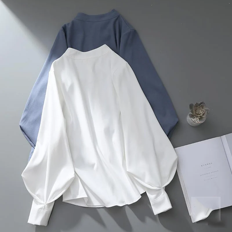 Rimocy Korean Lantern Sleeves White Shirt Women Loose Turn-down Collar Solid Blouses Woman Fashion OL Office Blouse Top Ladies