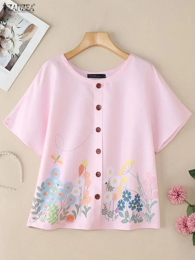 ZANZEA البوهيمي الأزهار طباعة البلوزات المرأة الصيف 2025 س الرقبة قصيرة الأكمام أزرار بلايز كل يوم لباس غير رسمي ملابس امرأة S-3XL #4