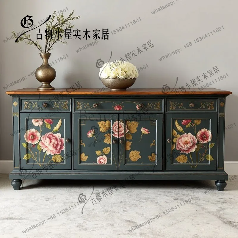Handmade painting chest/French contrasting color large capacity living room multi-functional locker/customizable