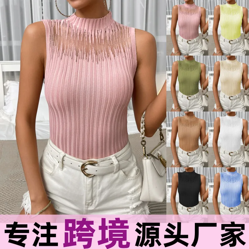 EuropeanandAmerican summer clothes, new Amazon independentstationcross-bordersimplesexysee-through mesh vest knitted women's top