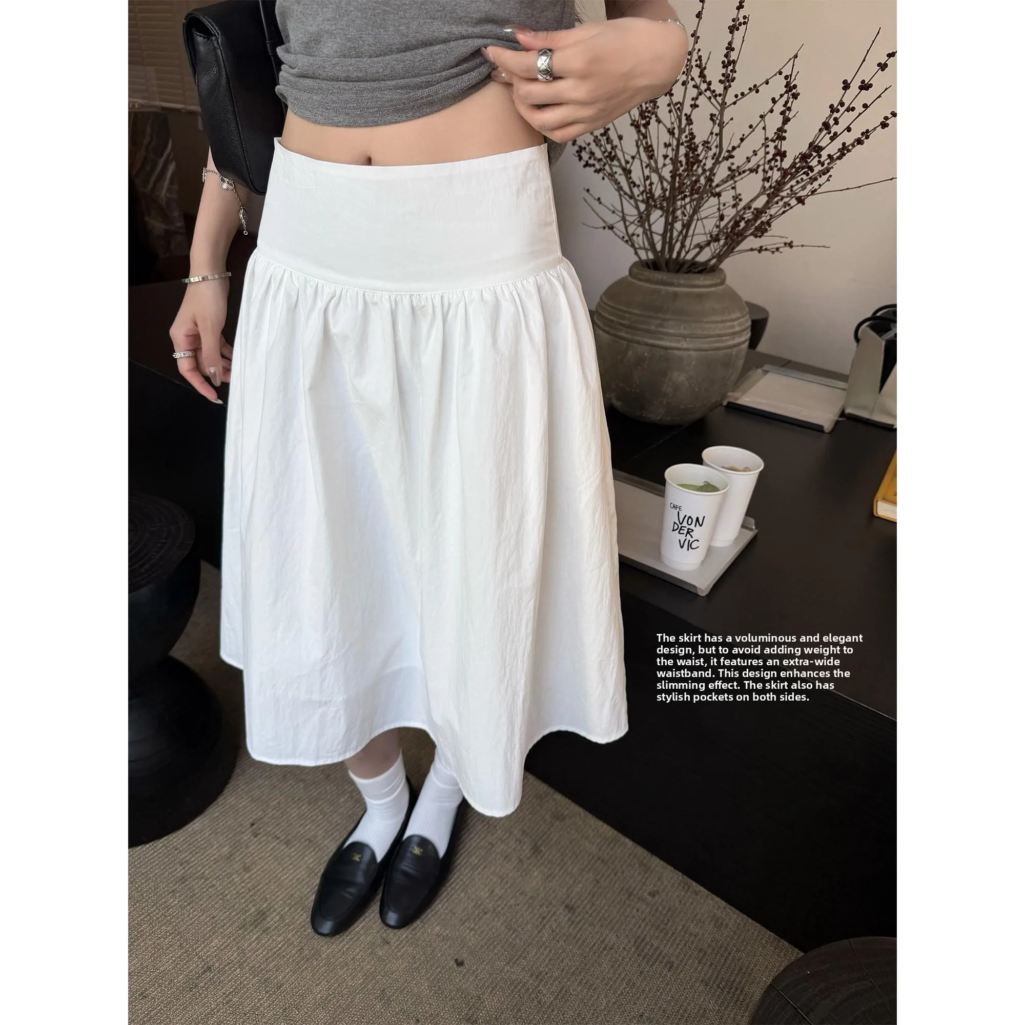 

Ballet Style Loose Wide Waist Belt Midi Skirt Elegant Fullness Standard Fit Ladies' Fashion Semi-Body Skirts Non-Stretch