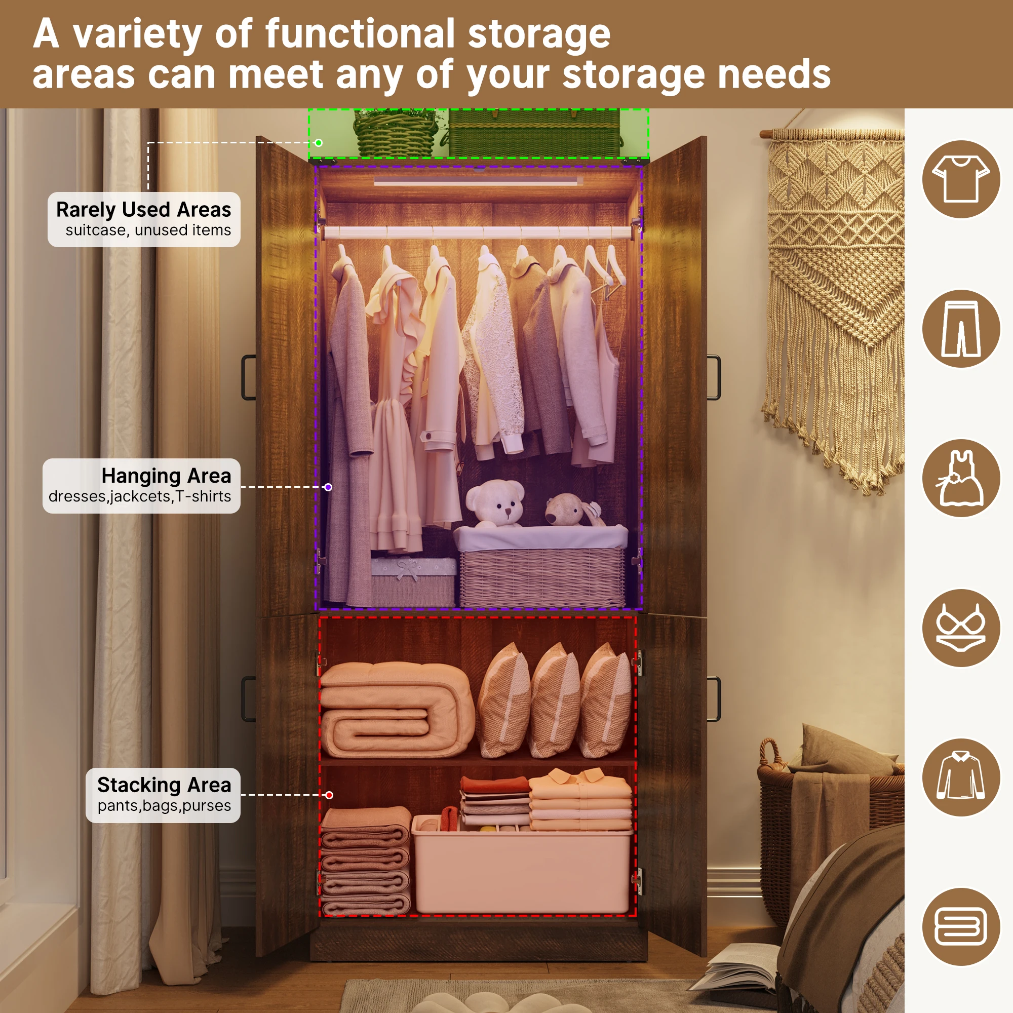 Szafa garderobowa w stylu farmhouse, 190 cm wysokości, z 2 drzwiami i oświetleniem LED, wolnostojąca szafa do sypialni.