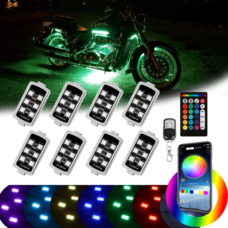 

8Pcs RGB Motorcycle Underbody Light Strip Atmosphere Multi-Color Neon Decorative Lamp (APP/RF Remote Control)