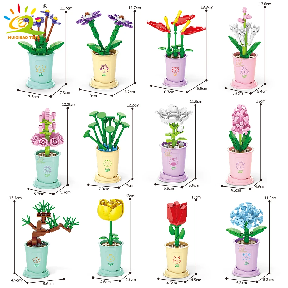 HUIQIBAO 12 Potted Plants MOC Flower Potted Building Blocks Brick Rose Blossom Flowerpot Ornaments Construction Toys Home Deco.