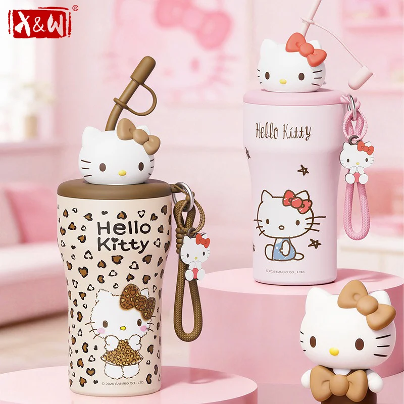 

X&W Sanrio Hello Kitty Vacuum Cup 630ML Stainless Steel Car Insulated Coffee Mug Straw cup With Rope Outdoor Climbing Water Cups