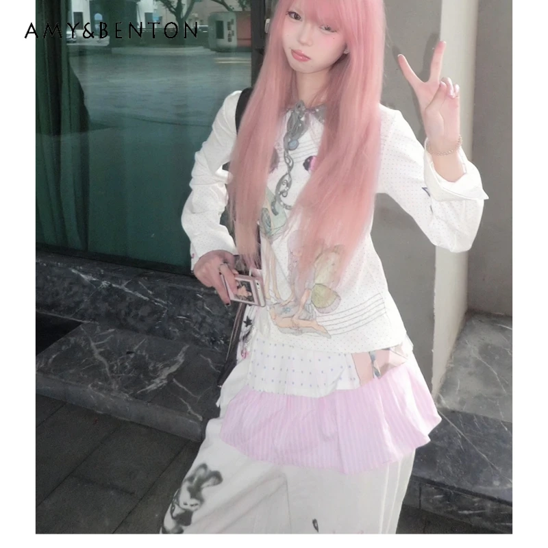 

2025 New White Turn-Down Collar Long Sleeve Women's Top Japanese Design Musical Note Polka Dot Subculture Bottoming Shirt Ladies