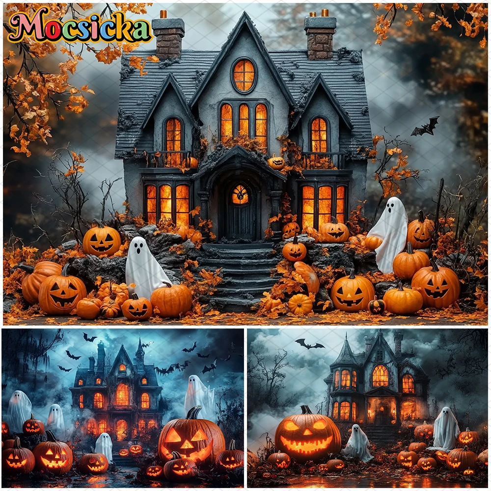 

Mocsicka Halloween Photography Background House Castle Ghost Bat Autumn Leaf Pumpkin Party Decorations Photo Backdrops Wallpaper