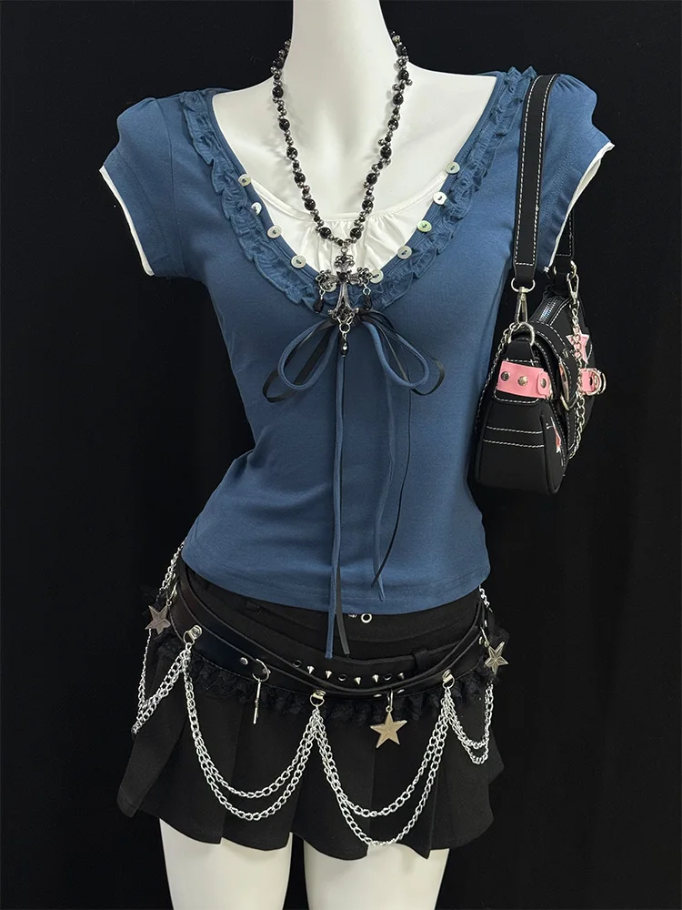 

Blue Y2K Retro T-irt ort Sve Slim Fit Design Sensation Casual Sle Knot Summer Breathable Cotton Women's Top
