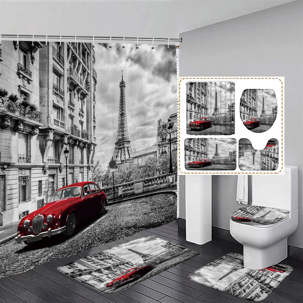 Red Phone Booth Shower Curtain Set Vintage Bus London Street Scenery Home Bathroom Decor Non Slip Rug Bath Mats Toilet Lid Cover