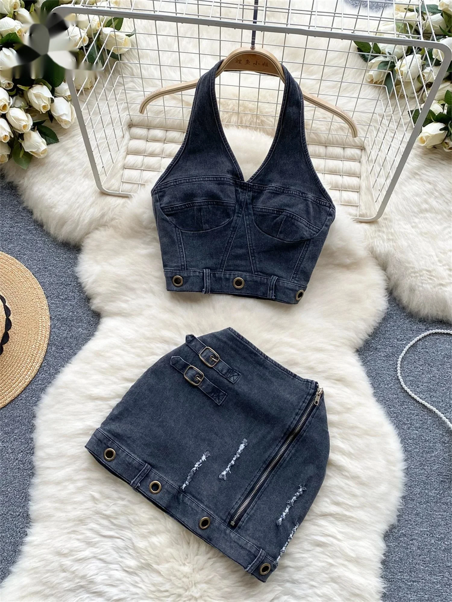 

Trend High Street Denim Suits Backless Sleeveles Halter Y2K Top+ Zipper Pleated Mini Skirt Hollow Out Two Pieces Sets