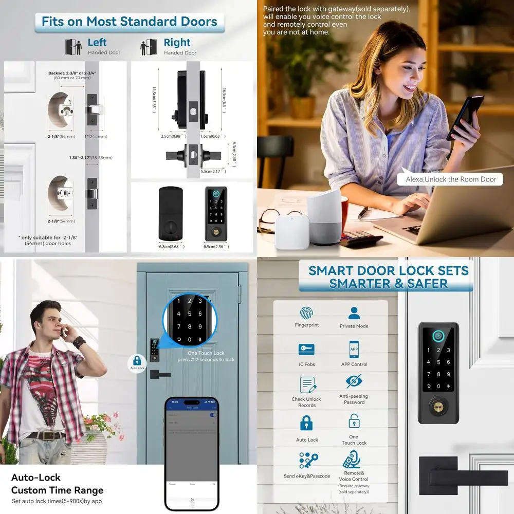 

Умный дверной замок с отпечатком пальца и ручкой, управление через приложение, цифровая сенсорная панель, защелка для входной двери, автоматическая блокировка, черный