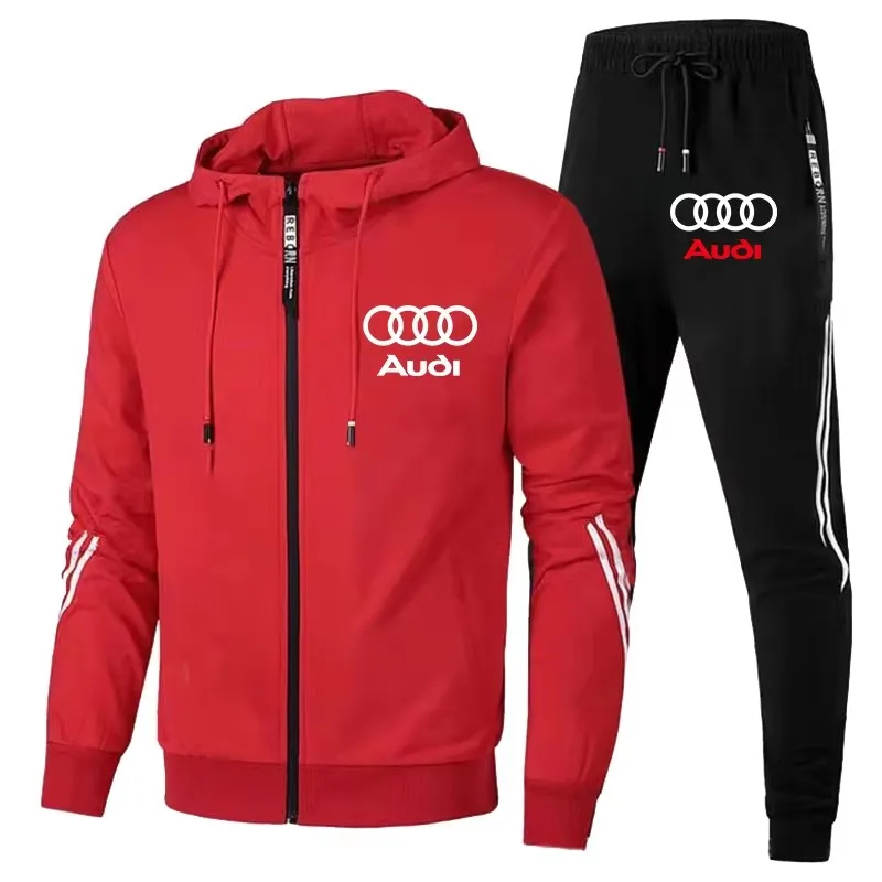 Men\'s Audi Logo Tracksuit Zip Hoodie+Pants 2 Piece Set Casual Fitness Running Sportswear Suit Autumn Winter Coat Hoodie Suit