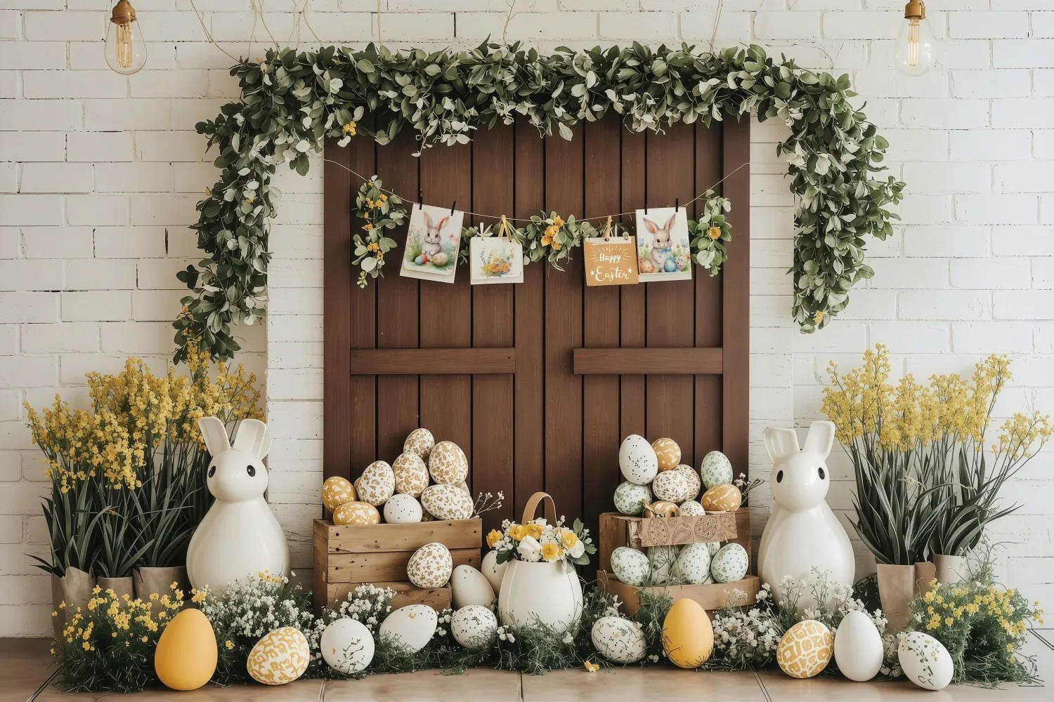 Fondo de fotografía de conejito, huevos de Pascua, puerta de madera, ventana, hojas verdes, flor blanca, decoración de fiesta de cumpleaños, Baby Shower
