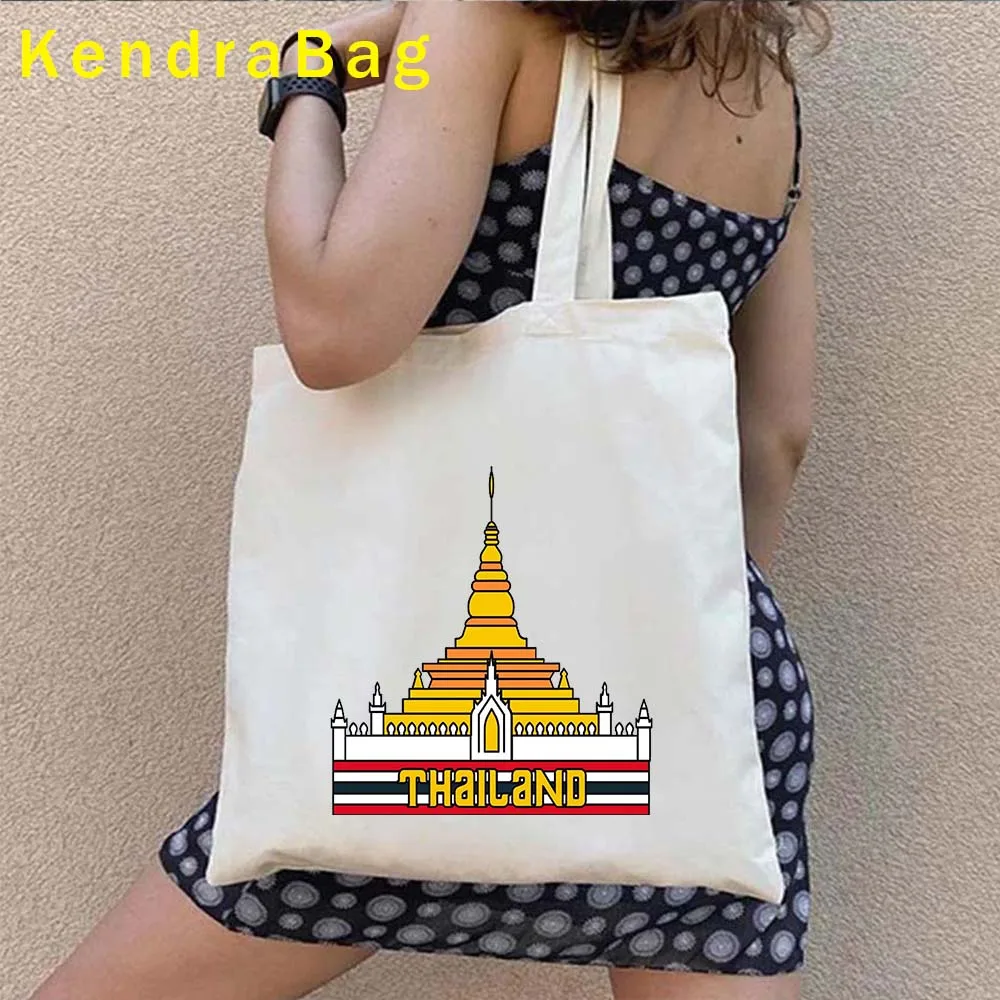 Vintage Travel BANGKOK PHUKET THAILAND Flag Wat Arun Temple of Dawn Canvas Shoulder Tote Bag Harajuku Shopper Eco Cotton Handbag