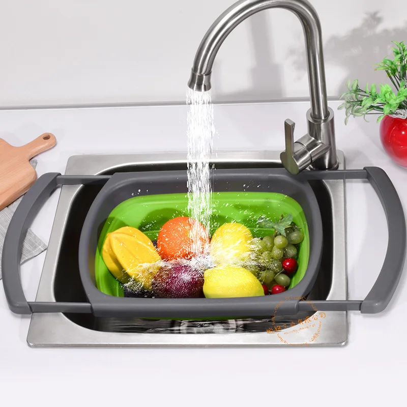 

Retractable Fruit and Vegetable Filter Basin with Handle, Folding Drainage, Blue, Cleaning Container, Kitchen Utensils