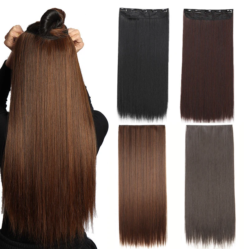 Synthetic 5-Clip One Piece Invisible Hair Extensions Long Straight 24/32/40Inch Heat Resistant Hairpiece for Women