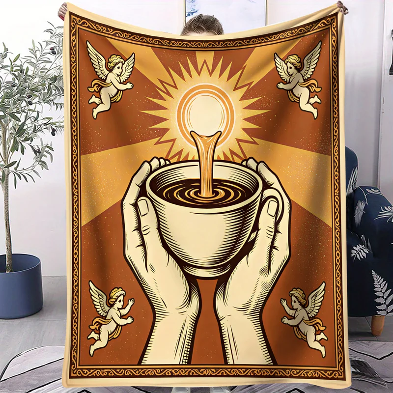 Cozy Sacred Coffee Throw Blanket Golden Sunburst Angel Hands Holding Coffee Cup Print Flannel Blanket Retro Warm Travel Blankets