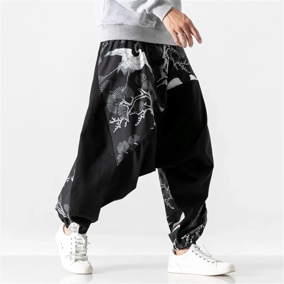 Loose Cross-pants Men Chinese Style Crane Patchwork Pants Hip Hop Streetwear Loose Trousers Male