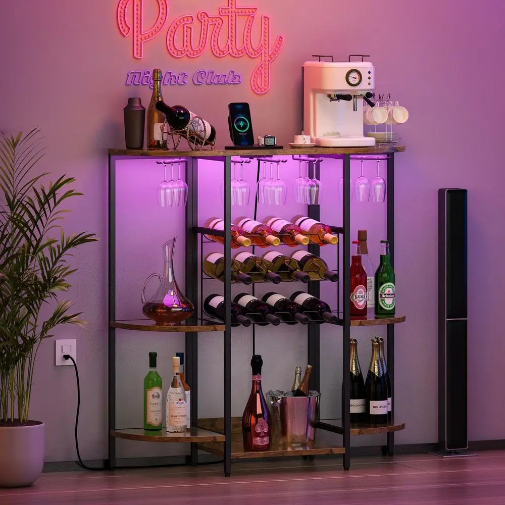 LED-Illuminated Freestanding Mini Bar with Outlets, Rustic Brown, for Kitchen & Dining, Holds Liquor, Coffee, Wine, and Glasses