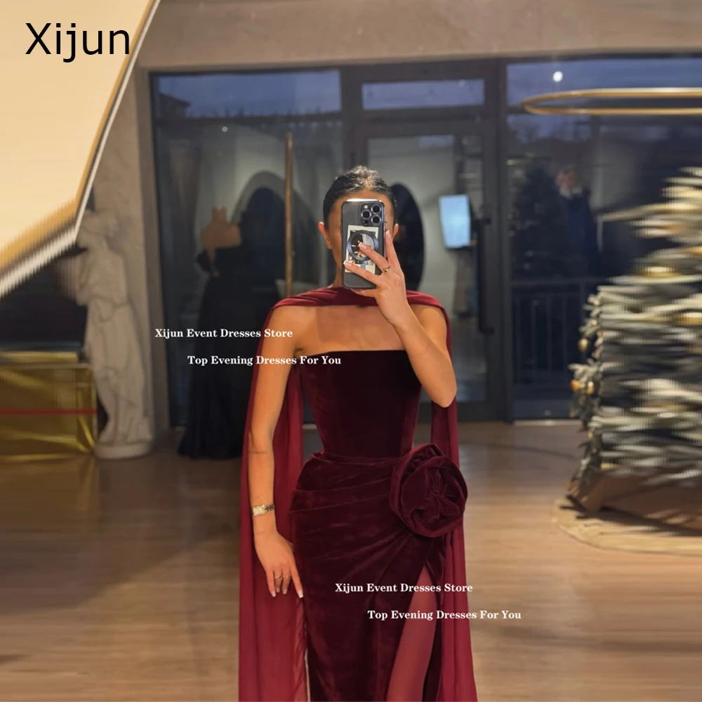 Xijun Burgundy Velvet Evening Dresses Sleeveless Mermaid Side Slit Prom Dresses Formal Occasion Long Prom Gowns 2025 Customized