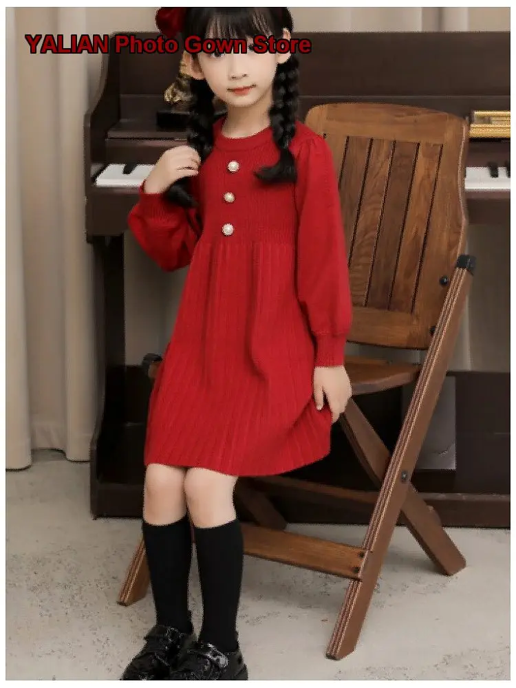 Winter Girls Wine Red Dress Western Style Chic Puff Sleeves Loose Fit New Year Princess Dress