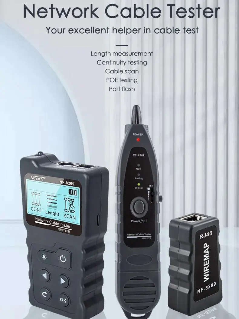 NOYAFA NF-8209 Tester kabli sieciowych Tester mapy przewodów Narzędzia sieciowe Lokalizator kabli Ethernet Sprawdzanie Poe Wyświetlacz LCD Pomiar długości — zdjęcie 2