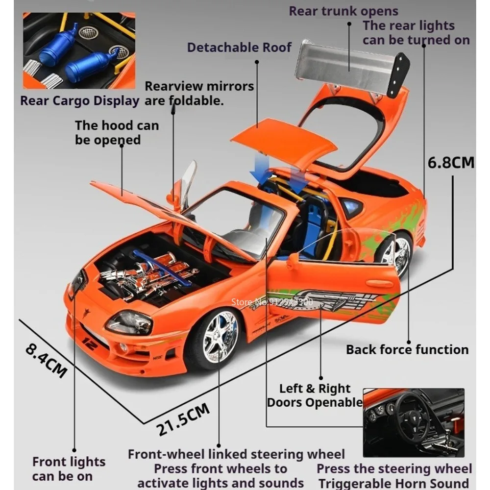 1:24 Scale A80 Supra Car Model Toy Doors Opened Sound Light Models Pull Back Alloy Diecast Vehicle for Friends Vocation Souvenir