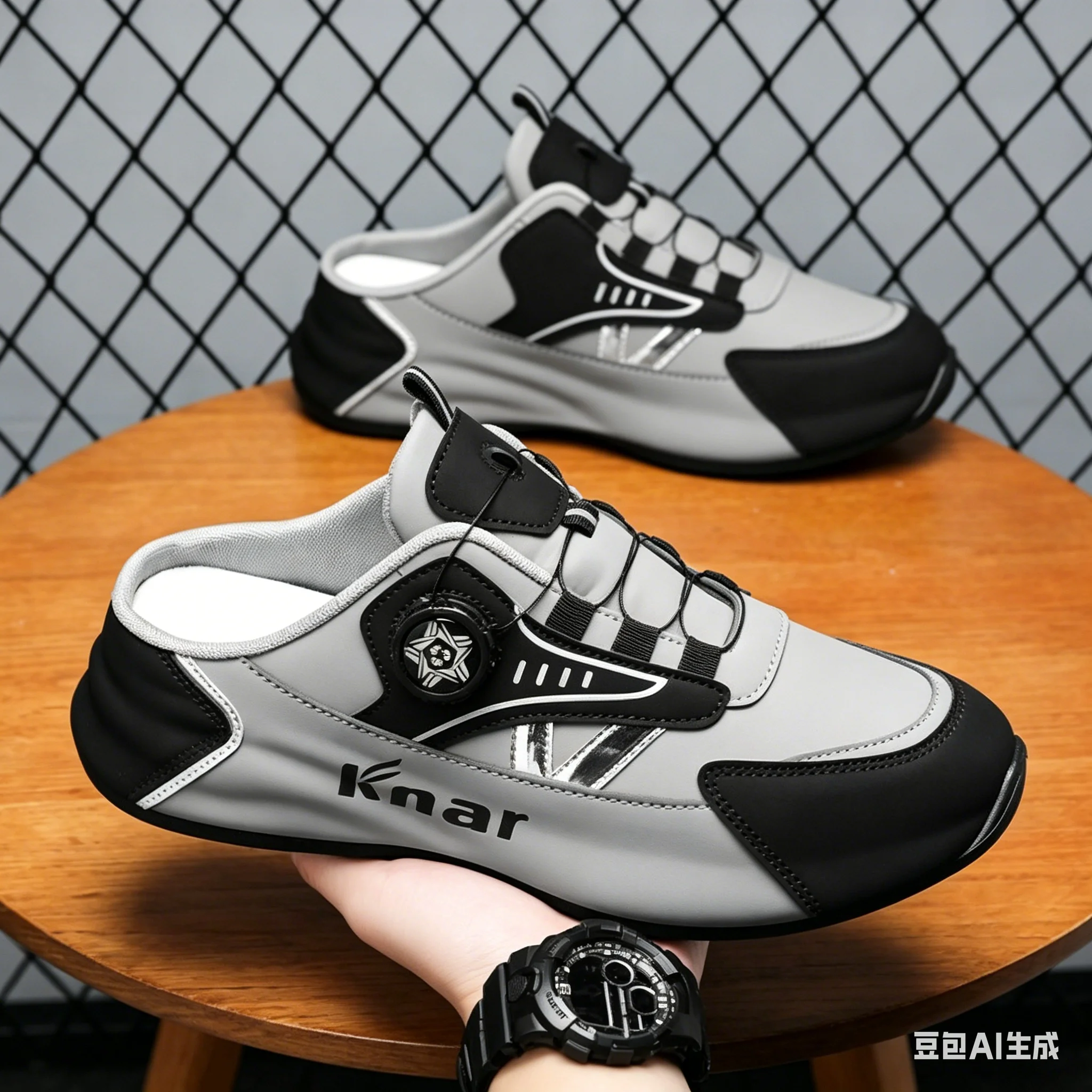 Men'S Black And Gold Slip On Mule Sneakers With Rotating Buckle Backless Design Breathable Upper Non Slip Sole Comfortable Casua