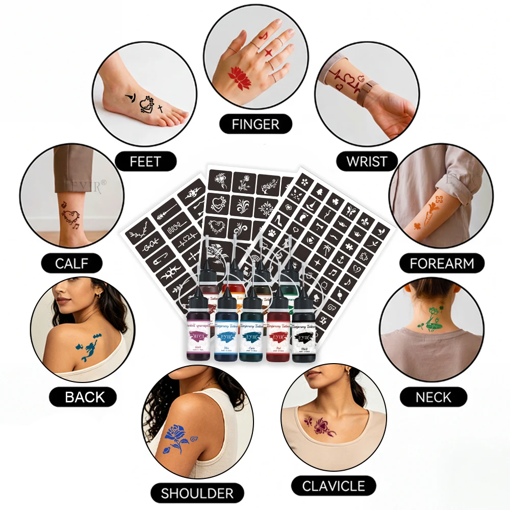 EYIR Henna Tattoo Paste Set 9 Farben Temporäre Tattoo Farbe mit 3 Schablonenblättern Körperkunst Malen DIY Festival Party – Detail 7