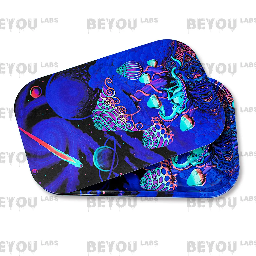 Mushroom Rolling Tray Lid Set Double Surface Pattern Colorful Metal Grinder Cigarette Paper Storage Plate Custom Logo