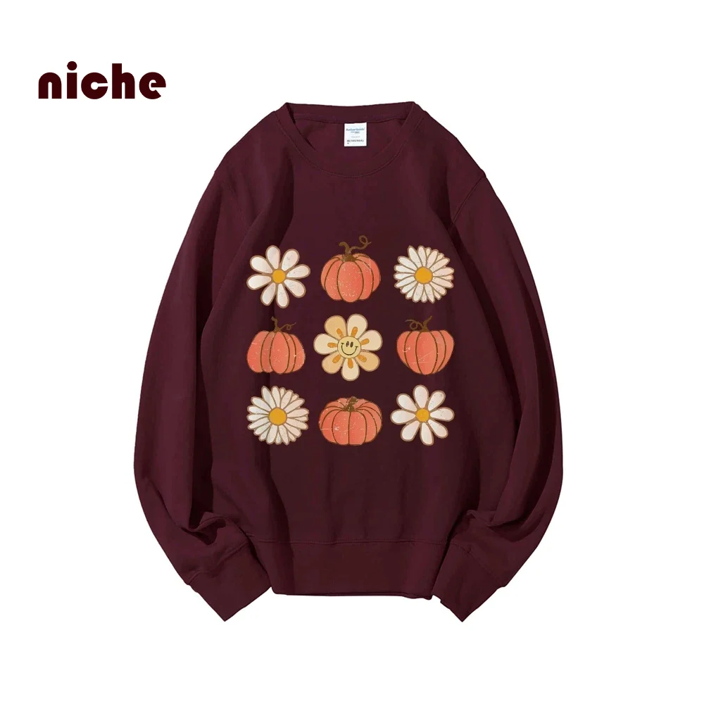 Casual Loose Crew Neck Sweater Without Hat Pumpkin Flower Print Halloween Style Pure Cotton High Quality Fashion New Sweatshirt