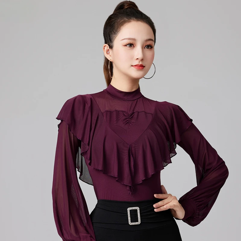 

Женское летнее праздничное платье, топ для латинских танцев, женский волан с воротником, новый тренировочный костюм для взрослых с длинными рукавами, топы для латинских танцев