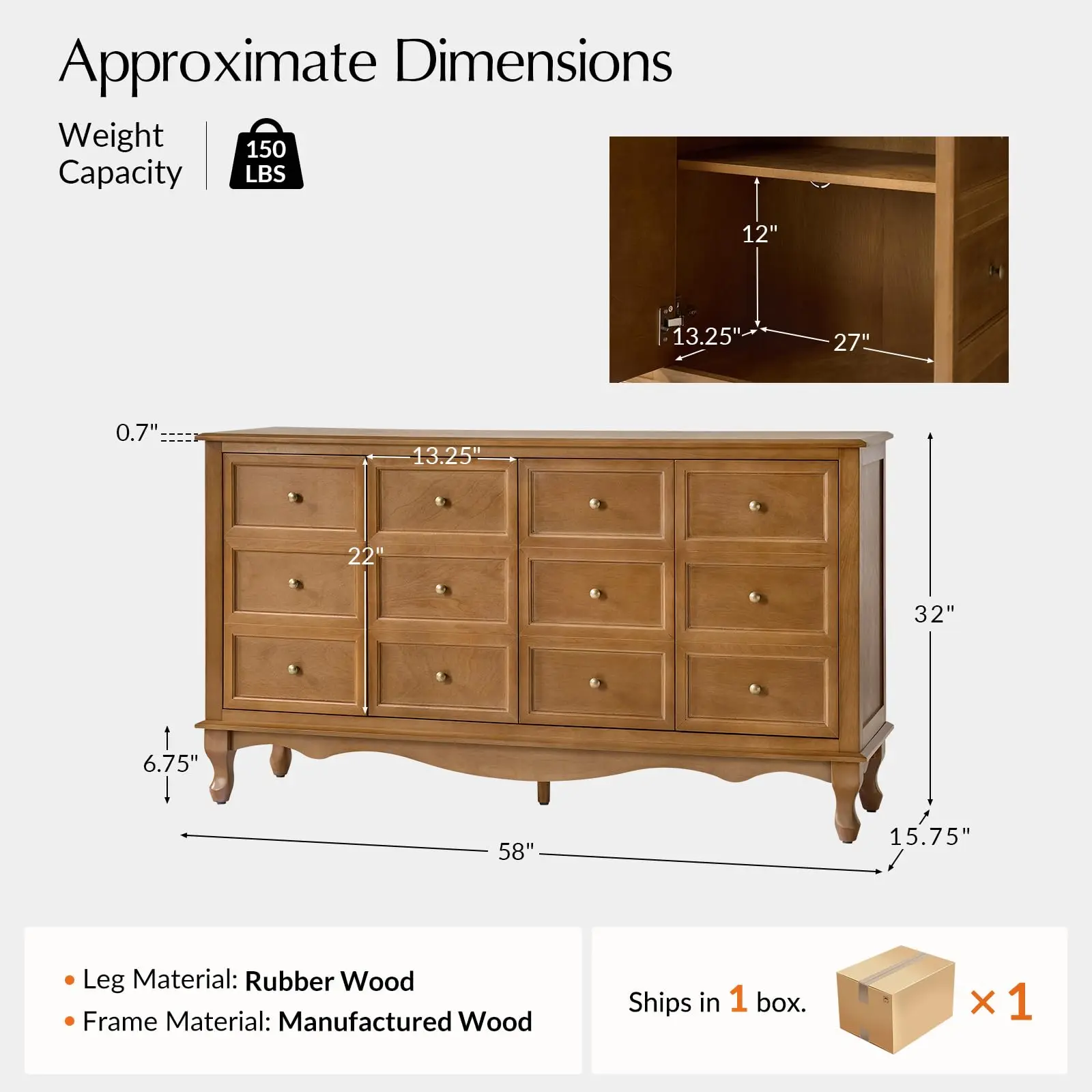Transitional Solid Wood Sideboard with Adjustable Shelves, 58
