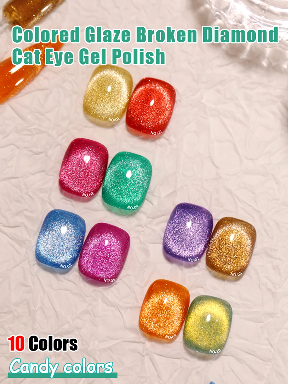 Vendeeni 10 Farben/Set Glitzer-Brocken-Diamant-Katzenaugen-Gel-Nagellack Regenbogen Magnetischer UV-LED-Katzenaugen-Gel-Lack mit Display – Detail 1