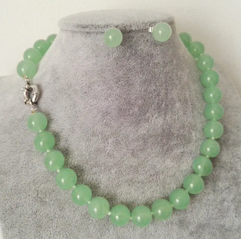 

12mm apple green jade round gem beads necklace 18"+earring set