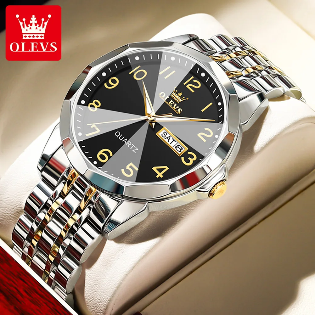 OLEVS Original Luxury Brand Watch for Men Waterproof Silver Stainless Steel Classic Casual Quartz Wristwatch Date Week Man Gift