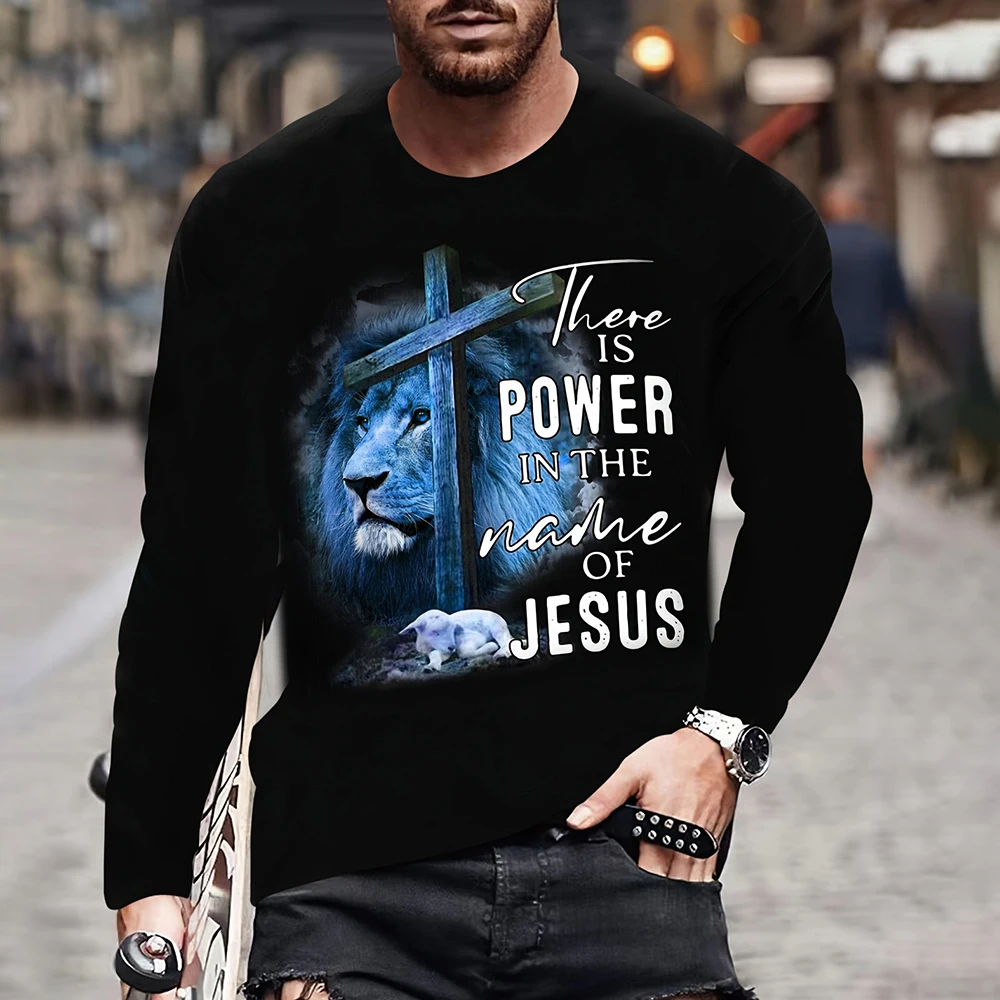 

Fashion Jesus Cross Pattern T Shirt for Men 3D Lion Print Long Sleeve T-Shirt Hip Hop Trend Vintage Clothes Oversized T-Shirt