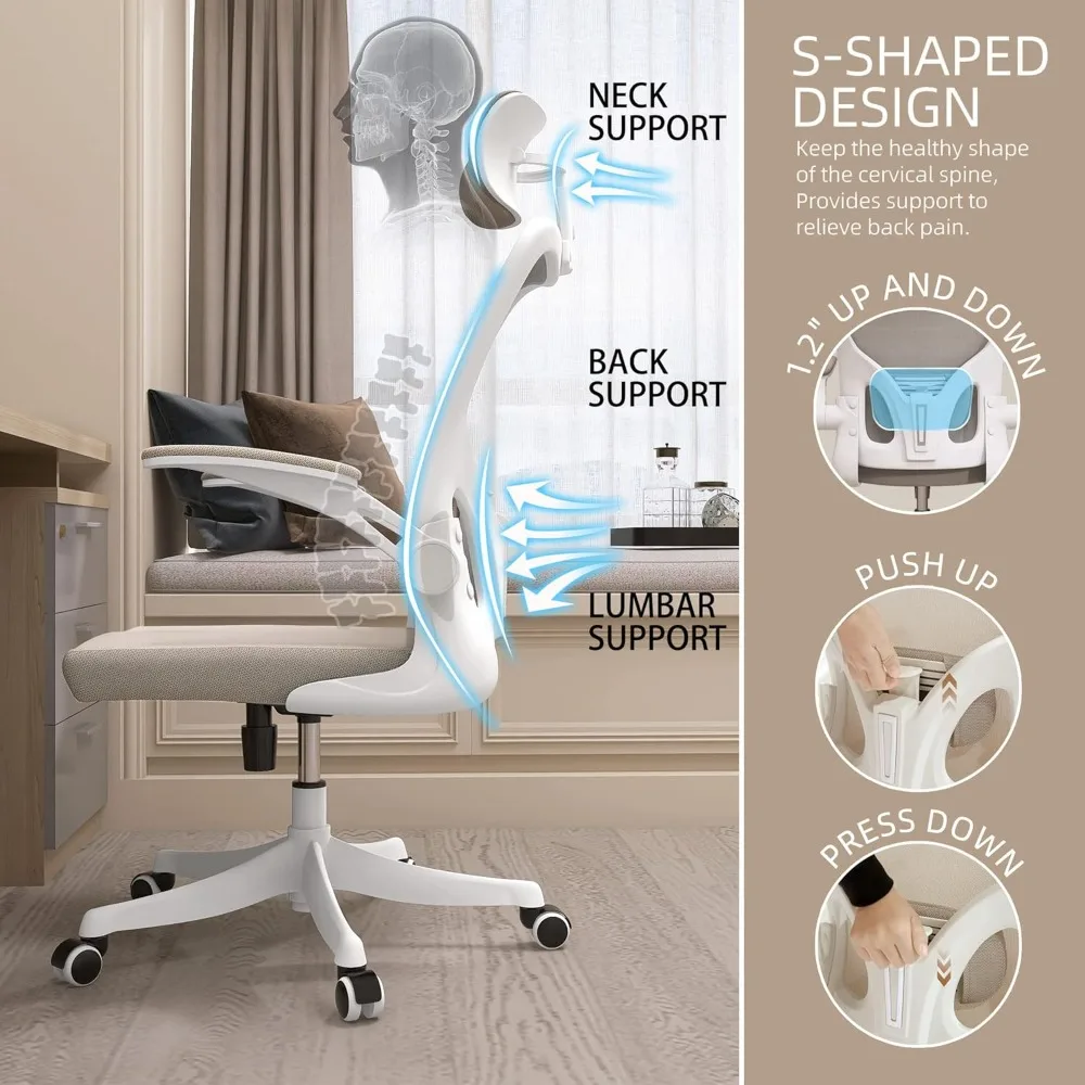 Ergonomic office chair with lumbar support, headrest and flip arm height adjustable swing desk swivel high back office chair