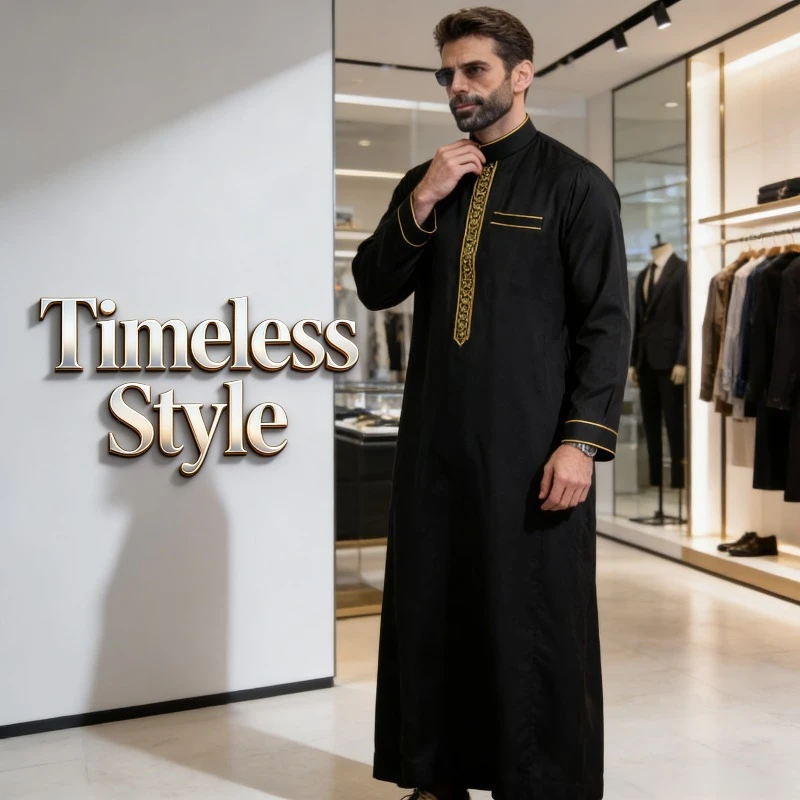 

Embroidered Stand Collar Robe Middle East Mens Loose Muslim Long Sleeve for Arabian Traditional Casual Daily Outfit