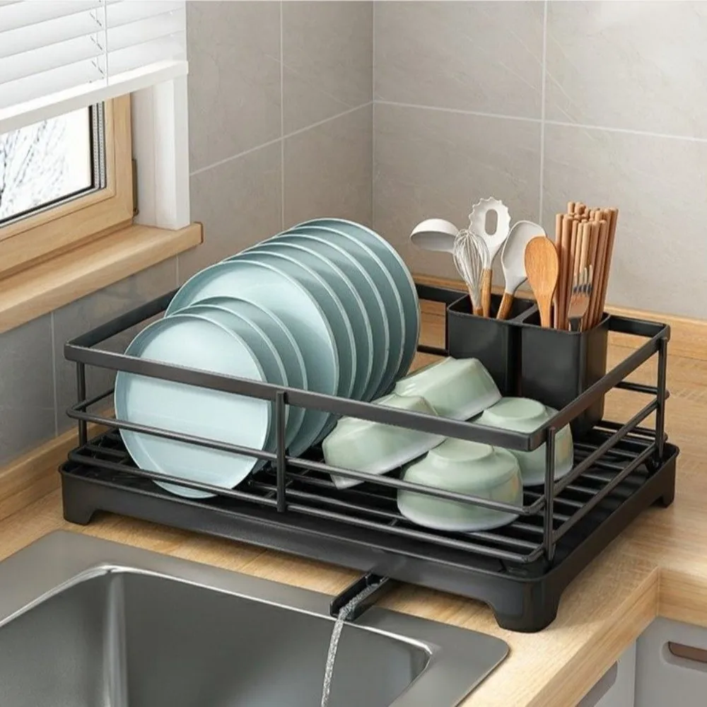 Carbon Steel Kitchen Storage Rack Ventilation Drainer Tray Dish Drying Rack Stable Space-saving Plates Organizer with Drainboard