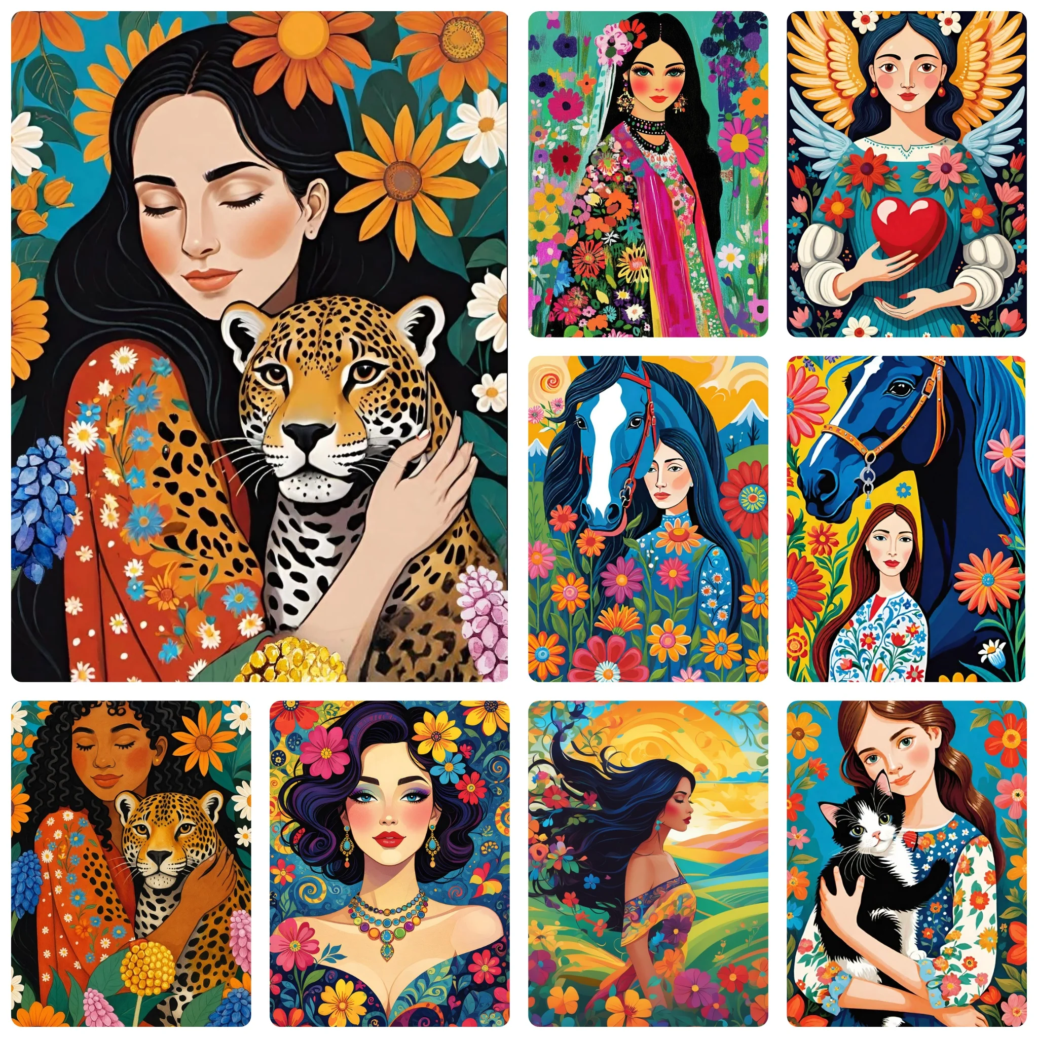 DIY Boho Woman Diamond Painting, Colorful Floral Maiden Leopard Horse Cat Folk Art For Home Wall Decoration Handmade Gift