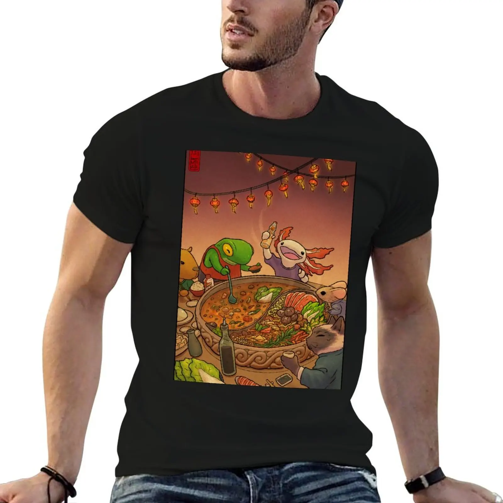 Asian Hotpot Night with Cute Frog, Axolotl, Cat, Mouse, and Capybara T-Shirt t shirt personalised T-Shirt