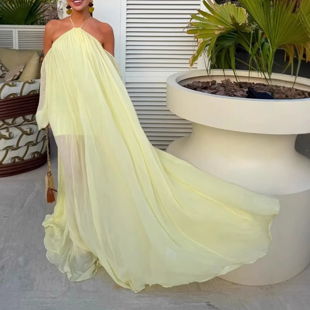 Sexy Gelbes Rückenfreies Kleid für den Urlaub am Meer, Elegantes Schulterfreies Camisole-Kleid für Dinnerpartys, Frühjahr 2026