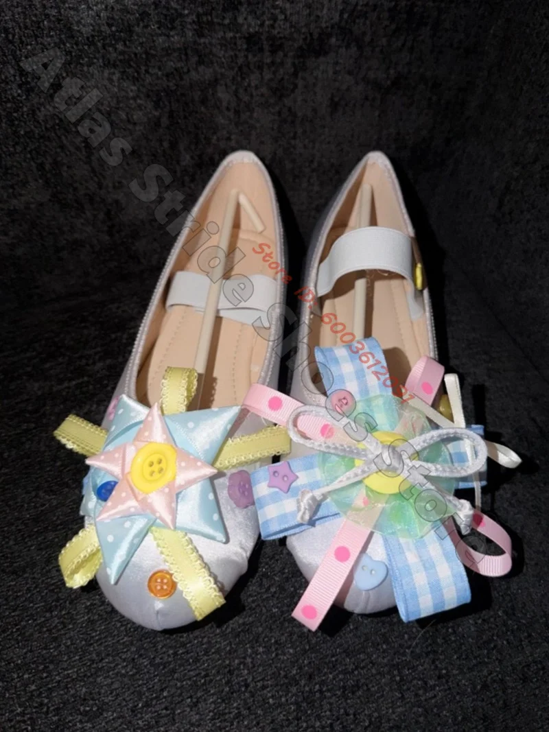 

Hand Stitched Custom Satin Mary Jane Flats 3D Star Ribbon Bow Colorful Button Decor Shoes Sweet Lolita Daily Girls Flats